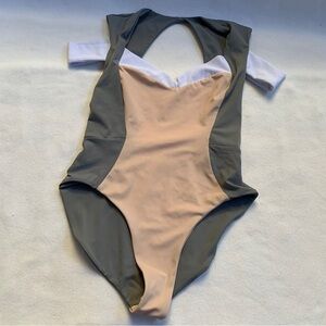 DELACY One piece swimsuit color block gray tan white beach bathing swim suit